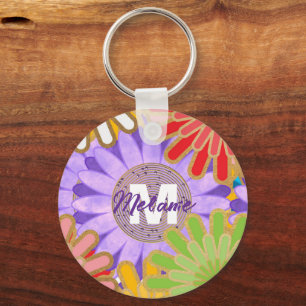 Bright Colourful Hippy Flower Pattern Personalised Keychain
