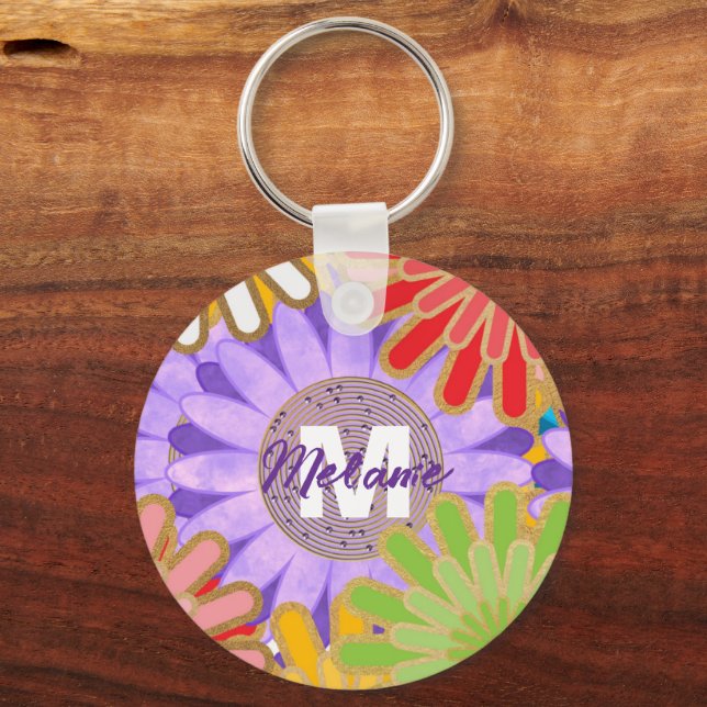 Bright Colourful Hippy Flower Pattern Personalised Keychain (Front)