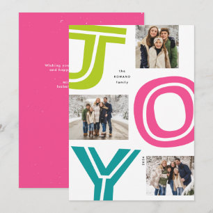 Bright colourful JOY fun three photo Christmas Holiday Card