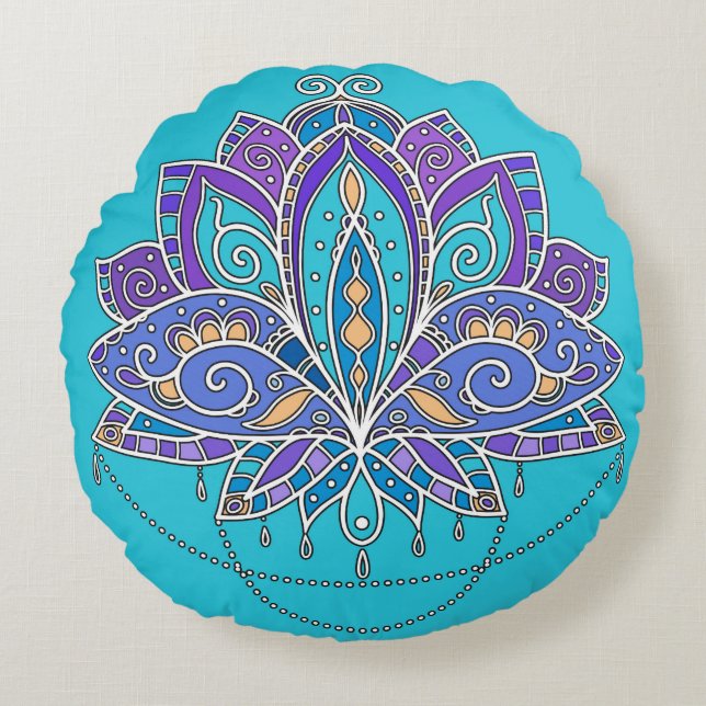Bright Colourful Lotus flower on blue teal Round Pillow (Front)