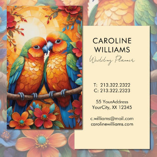 Bright colourful lovebirds tropical flowers business card