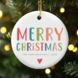 Bright & Colourful Merry Christmas Family Ceramic Ornament<br><div class="desc">This simple and fun family Merry Christmas ornament features a place for you to add your names and year,  with ‘Merry Christmas’ in colourful bright typography. On a back is a matching colourful polka dot design. The perfect modern and minimalist xmas holiday decor for your family this winter!</div>
