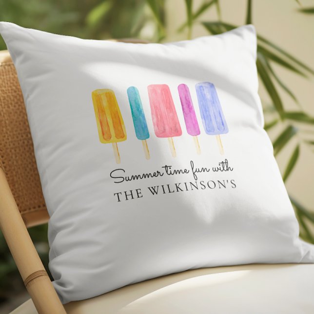 Bright colourful modern summer personalized throw pillow (personalized summer time fun throw pillow with vibrant watercolor painted ice pops )