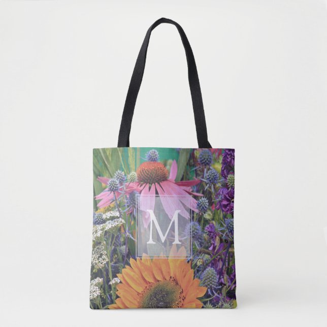 Bright Colourful Monogram Flowers Tote Bag (Front)