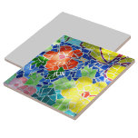 Bright Colourful Mosaic Red and Yellow Flowers Tile<br><div class="desc">Bright red and yellow flowers among green leaves and blue water in a mosaic tile koi pond is a colourful Zen decorative ceramic tile.  Personalize with Initials and a Name. This is one of multiple coordinating designs with original art photography by JLW_PHOTOGRAPHY.</div>