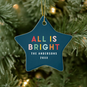 Bright colourful navy blue modern Christmas family Ceramic Ornament