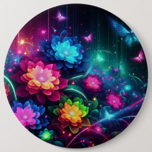 Bright, colourful neon flowers/butterflies 6 inch round button