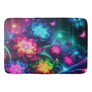 Bright, colourful neon flowers/butterflies bath mat