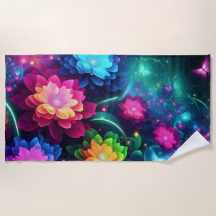 Bright, colourful neon flowers/butterflies beach towel