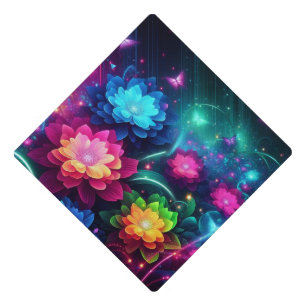 Bright, colourful neon flowers/butterflies graduation cap topper