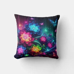Bright, colourful neon flowers/butterflies throw pillow