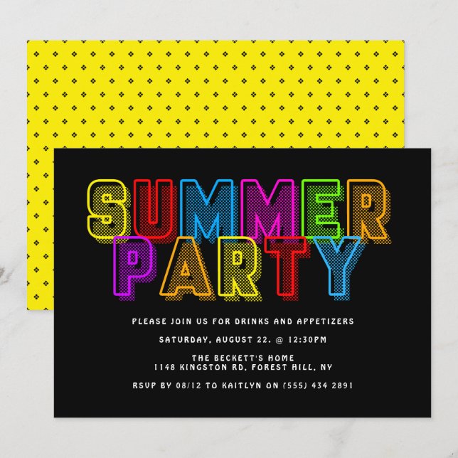 Bright & Colourful Neon Typography Summer Party Invitation (Front/Back)