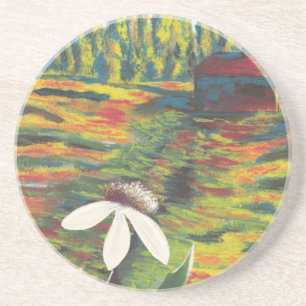 Bright Colourful Painting of Flower in Meadow Coaster