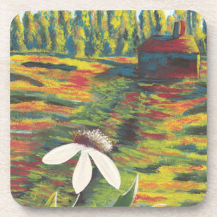 Bright Colourful Painting of Flower in Meadow Coaster