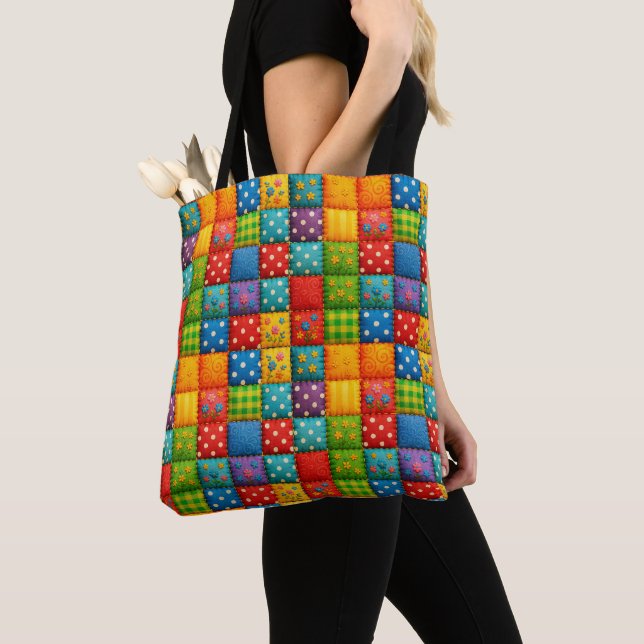 Bright Colourful Patchwork Quilt Style Design Tote Bag (Close Up)