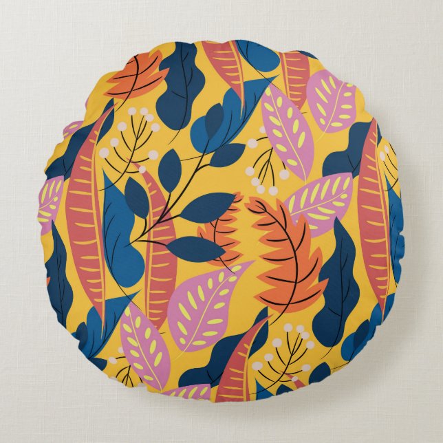 Bright colourful pattern with tropical leaves,berr round pillow (Front)