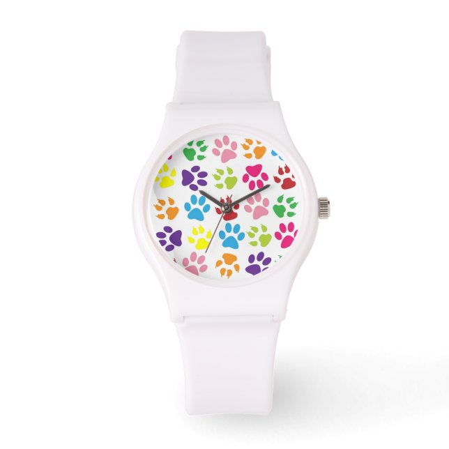 Bright Colourful Paw Prints Pattern Watch (Front)
