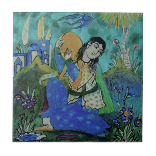 Bright Colourful Persian Qajar Percussionist Repro Tile