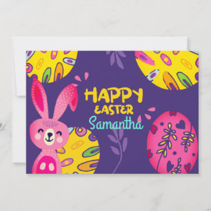 Bright Colourful Pink Easter Bunny, Purple Holiday Card