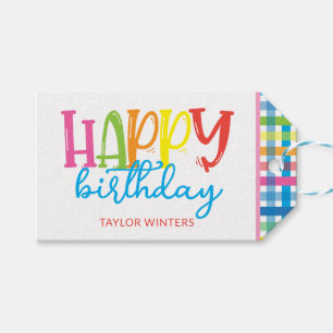 Bright Colourful Plaid Happy Birthday Gift Tags