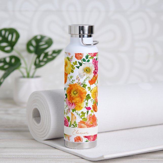 Bright Colourful Poppies Floral Personalized Water Bottle (Yoga)