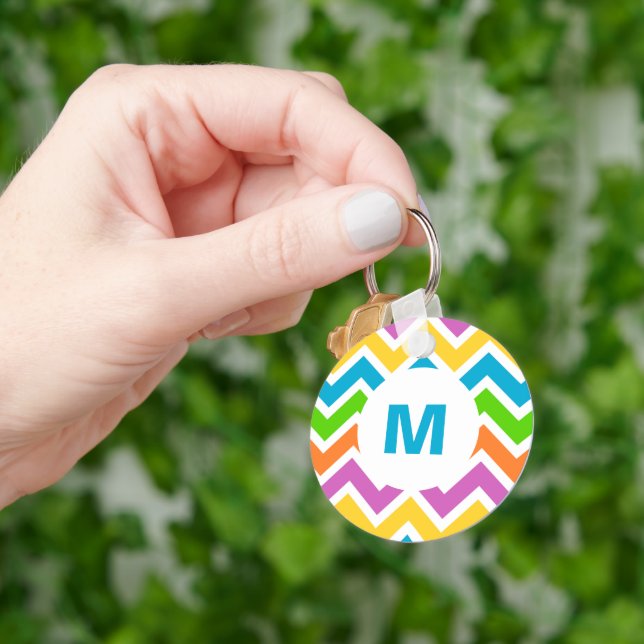 Bright Colourful Rainbow Chevron Monogram Keychain (Hand)