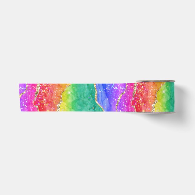 Bright Colourful Rainbow Glitter Gold Agate Satin Ribbon (Front)
