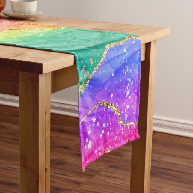 Bright Colourful Rainbow Glitter Gold Agate Short Table Runner (In Situ)