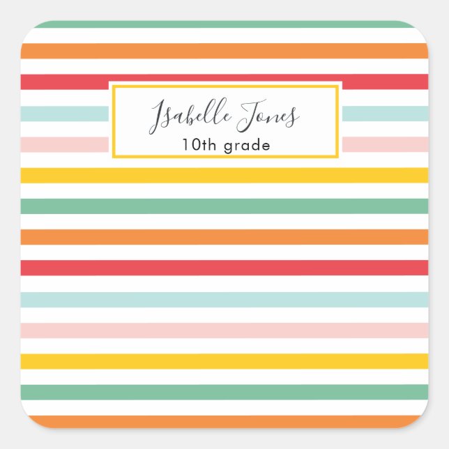 bright colourful rainbow stripe fun college school square sticker (Front)