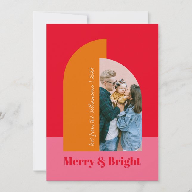 Bright Colourful Red Pink Family Photo Arch Holiday Card (Front)