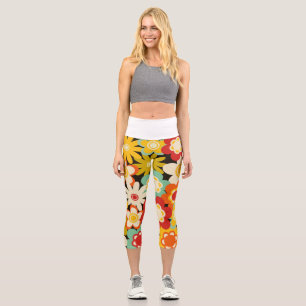 Bright Colourful Retro Cute Floral Pattern Capri Leggings