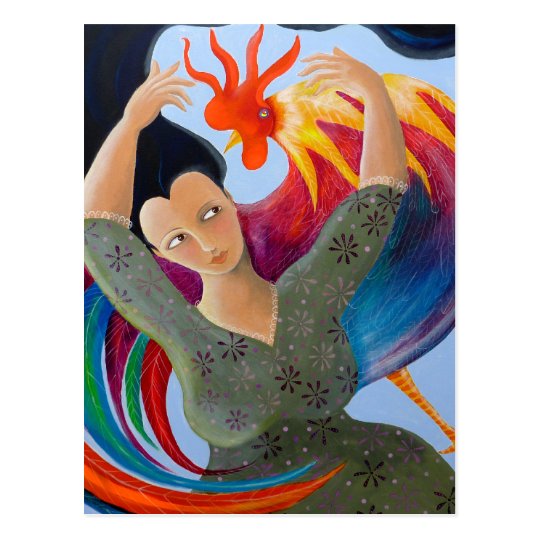 Bright Colourful Rooster and Lady. Postcard