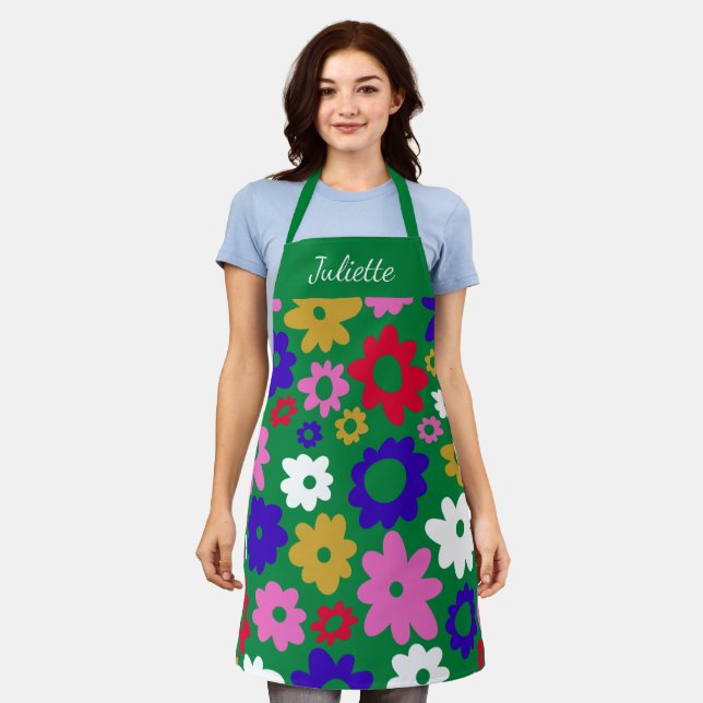 Bright Colourful Scandinavian Flowers Green Custom Apron (Worn)