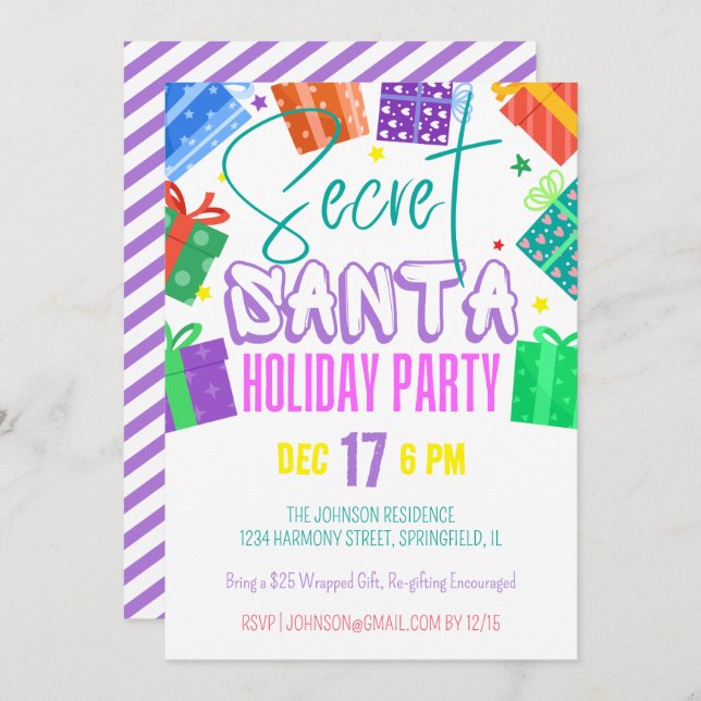 Bright Colourful Secret Santa Gift Exchange Party Invitation (Front/Back)