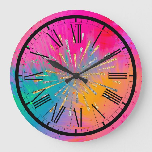 Bright Colourful Splatter Clock in Roman Numerals (Front)