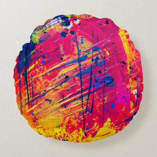 Bright Colourful Splatter Paint Abstract Round Pillow