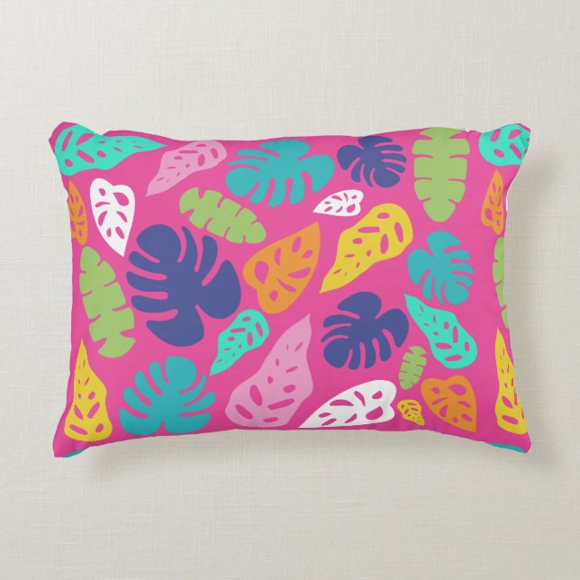 Bright Colourful Tropical Summer Leaves Pattern Accent Pillow (Front)