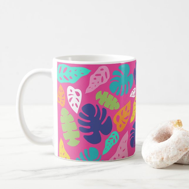 Bright Colourful Tropical Summer Leaves Pattern Coffee Mug (With Donut)