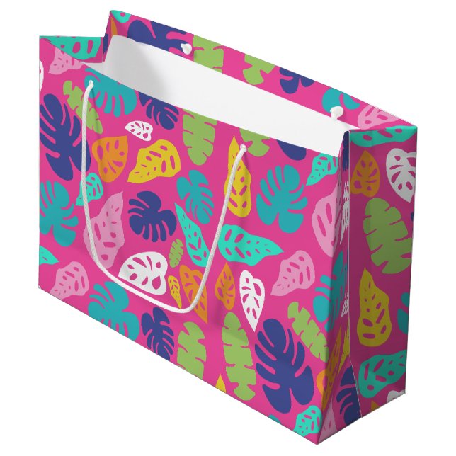 Bright Colourful Tropical Summer Leaves Pattern Large Gift Bag (Front Angled)