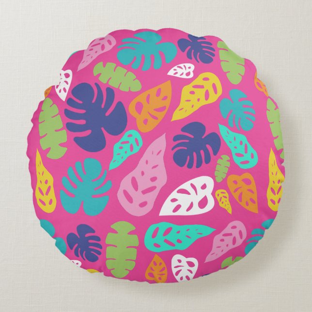 Bright Colourful Tropical Summer Leaves Pattern Round Pillow (Front)
