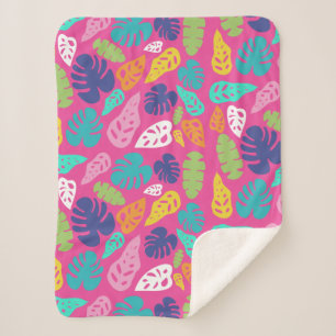 Bright Colourful Tropical Summer Leaves Pattern Sherpa Blanket