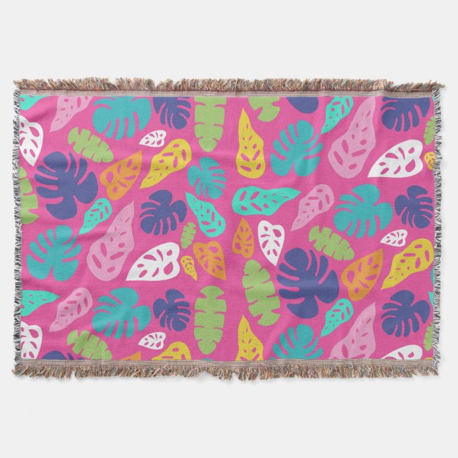 Bright Colourful Tropical Summer Leaves Pattern Throw Blanket (Front)