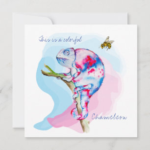 Bright colourful watercolor chameleon and bee. invitation