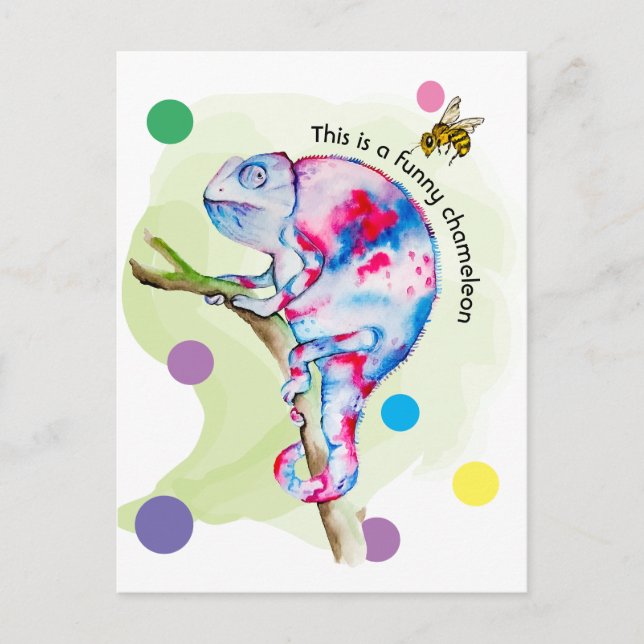 Bright colourful watercolor chameleon and bee. postcard (Front)