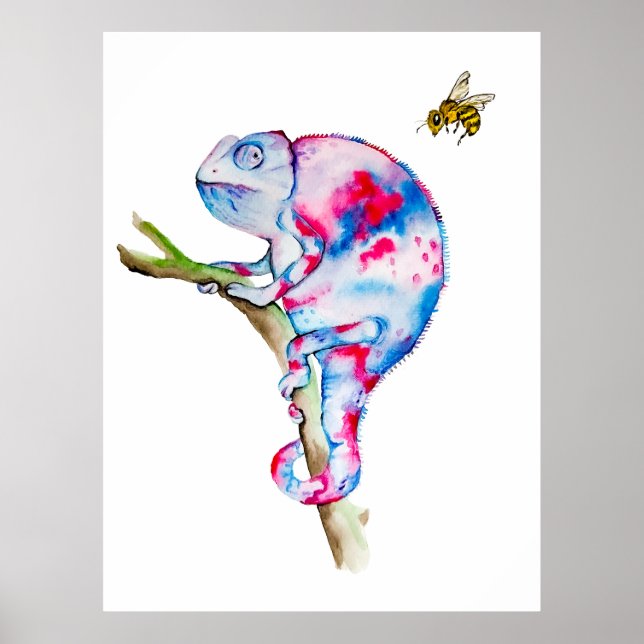 Bright colourful watercolor chameleon and bee. poster (Front)