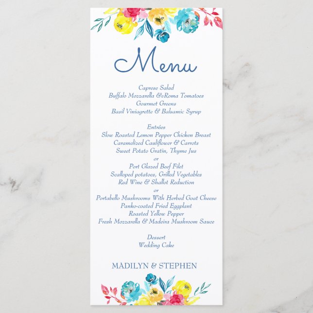 Bright Colourful Watercolor Floral Menu (Front)