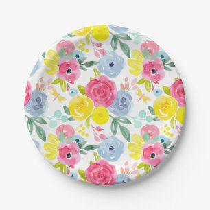 Bright Colourful Watercolor Floral Pattern Paper Plate