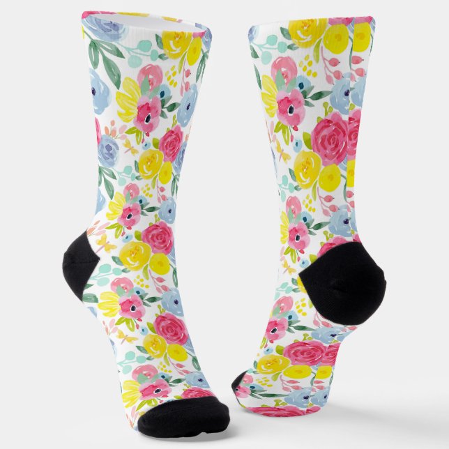 Bright Colourful Watercolor Floral Pattern Socks (Angled)