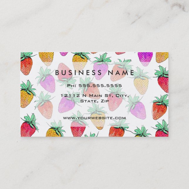 Bright Colourful Watercolor Fruity Strawberries Business Card (Back)