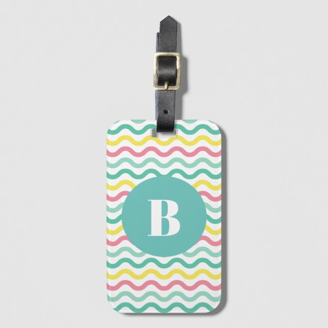 Bright Colourful Wavy Pattern Monogrammed Luggage Tag (Front Vertical)
